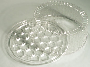 DisplayCake® Round Cake Tray with Dome Lid.  8" Diameter, 1-2 Layer Cake.  Clear Base, Clear Dome.