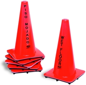 Caution Cone.  Printed "Wet Floor" in English and Spanish.  18" Tall.  Orange Color.