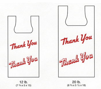 Plas-T-Sak High Density T-Shirt Bag.  12 lb.  White, Printed "Thank You".  7-3/4" x 5" x 15".