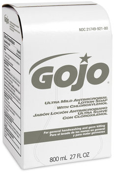 GOJO® Ultra Mild Antimicrobial Lotion Soap with Chloroxylenol Refill for GOJO® Bag-in-Box Dispensers. 800 mL. Coconut scent. 12 Refills/Case.