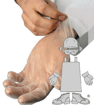 Gloves.  Vinyl.  Medium Size.  4 Mil Thick, Rolled Cuff.  Powdered.  Non-Medical.  FFDCA Approved for Food Contact.