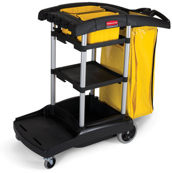High Capacity Cleaning Cart.  49-3/4" x 21-3/4" x 38-3/8".  Black Color.  4" Swivel Casters, 8" Wheels.  Includes two removable 10 Quart Disinfecting Caddies..