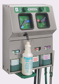 Green Solutions® Stainless Steel Lock & Dial.  Dispenses Green Solutions or Clean on the Go 2Liter concentrates at 3.5 gpm and 1 gpm.  Chemical stores inside lockable unit.