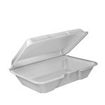 Foam Hinged Lid Container with Perforated Removable Lid.  Single Compartment.  9.3" x 6.4" x 2.9".  100 Containers/Sleeve.
