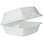 Foam Hinged Lid Container.  Single Compartment.  5.9" L x 6.0" W x 3.0" H.  White Color.  125 Containers/Sleeve, 500/Case.