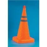 Collapsible Traffice Cone with Yellow Flashing Light.  28" Tall, Collapses to 2-1/2" Tall.  12-1/2" x 12-1/2" Base.  Bright Orange with 2 Reflective Bands.