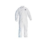 KLEENGUARD* A20 Breathable Particle Protection Apparel.  Large Size.  White Color.  Zipper Front, Elastic Back, Wrists, and Ankles.  Protects against dry particulates and light liquid sprays.