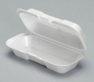 Foam Hinged Container.  Hot Dog.  7.38" x 3.56" x 2.25".  White Color.