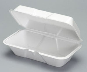 Foam Hinged Container.  Large Hoagie.  9.5" x 5.25" x 3.5".  White Color.
