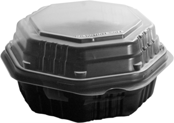 Creative Carryouts® OctaView® Plastic Hinged Lid Hot Food Containers. 6.8 X 6.3 X 3.1 in. Black and Clear. 200 count.