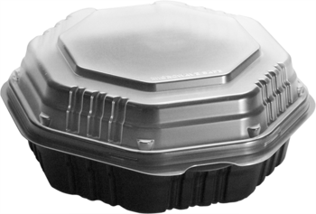 Creative Carryouts® OctaView® Supreme Plastic Hinged Lid Hot Food Containers. 9.6 X 9.1 X 3.0 in. Black and Clear. 100 count.
