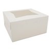 A Picture of product 251-114 Bakery Box with Window.  10" x 10" x 5".  White Color.  One-Piece, Lock Corner, Tuck Top.  Poly Wrapped, 150/Case