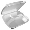 A Picture of product 217-131 Dart® Foam Hinged Lid Containers,  3-Comp, 9 x 9 2/5 x 3, White, 100/Bag, 2 Bag/Carton