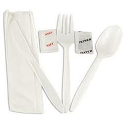 Cutlery Kit.  Knife, Fork, Spoon, Napkin, Salt, and Pepper.  White Color.  250 Kits/Case.