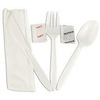 A Picture of product 192-926 Cutlery Kit.  Knife, Fork, Spoon, Napkin, Salt, and Pepper.  White Color.  250 Kits/Case.