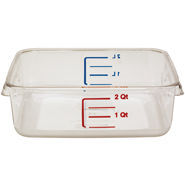 Rubbermaid Space Saving Square Container. 2 quart. Clear. 8.75" L x 8.8" W x 2.7" H. Break resistant, dishwasher safe.
