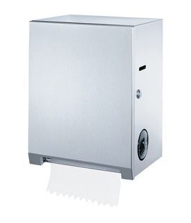 Surface-Mounted Roll Towel Dispenser. Satin-finish stainless steel. Touch free, pull towel mechanism. 11 3⁄4" W x 15" H x 9" D.