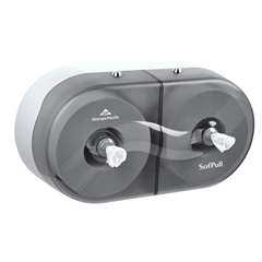 SofPull® Twin High-Capacity Centerpull Bathroom Tissue Dispenser. Smoke color. 20.1" x 7'' x 10.75". High Capacity Roll. Certified by EcoLogo™ and meets EPA Guidelines.