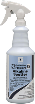Clothesline Fresh Alkaline Spotter S2. Quart sized bottle. 12/cs. Treats food-based oil and grease stains on fabrics. pH 12.2 - 12.8.