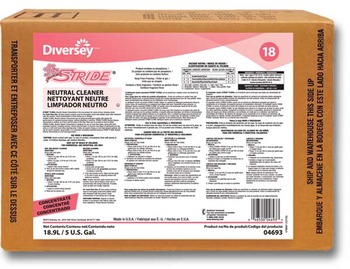 Diversey Stride Neutral Cleaner. 5 gallon Envirobox. Floral scent. Concentrated, low foaming formula. All-purpose cleaner for use on floors and other hard surfaces.