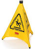 A Picture of product 966-685 Rubbermaid Pop Up Safety Cone. Yellow. 20" H x 21" W x 21" D. With multilingual "Caution" and wet floor symbol. Collapsible, automatically deployed cone.