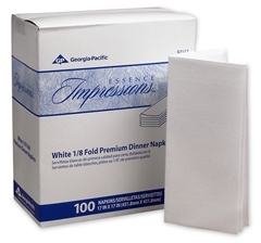 Essence Impressions™ 1/8 Fold Linen Replacement Dinner Napkins. White. Heavy weight. Thistle emboss design. 4.25" W x 8.5" L. 400/cs.