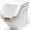 A Picture of product 966-712 Prosave Shelf Ingredient Bin with 2 Cup Safety Portioning Scoop. White. 23.5" L x 11.5" W x 16 7/8" H. Clear windows and ingredient labels.