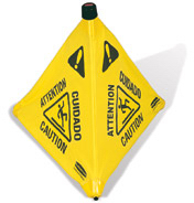 Pop-Up Safety Cone with Multi-Lingual "Caution" Imprint and Wet Floor Symbol. Yellow. 21" W x 30" H x 21" Deep. Collapsable.