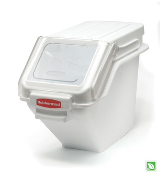 Prosave Shelf Ingredient Bin with 2 Cup Safety Portioning Scoop. White. 23.5" L x 11.5" W x 16 7/8" H. Clear windows and ingredient labels.