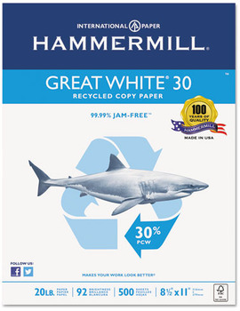 Hammermill® Great White® Recycled Copy Paper, 92 Brightness, 20lb, 8-1/2 x 11, 5000 Shts/Ctn