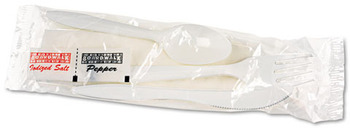 Boardwalk® Cutlery Kit with Medium Weight Plastic Fork, Spoon, Knife, Salt, Pepper, and Napkin. White. 250/Carton.