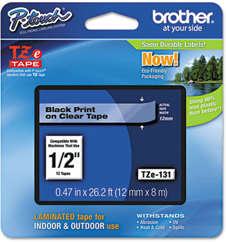 Brother® P-Touch® TZe Series Standard Adhesive Laminated Labeling Tape, 1/2w, Black on Clear