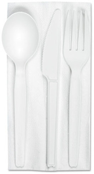 6.5" Cutlery Kit (knife/fork/spoon) with Napkin. 250 per case. Individually Wrapped. Compostable.