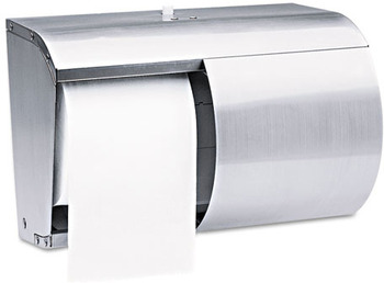 Coreless Double Roll Bath Tissue Dispenser.  10.1" x 7.1" x 6.4".  Stainless Steel.  Holds two full standard rolls of coreless tissue.