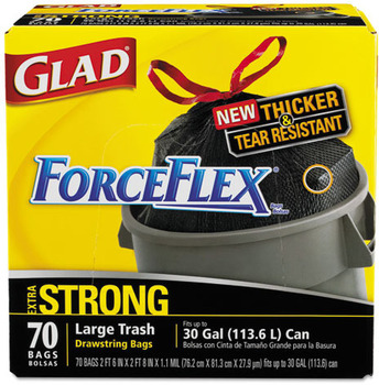 Glad® ForceFlex® Tall-Kitchen Drawstring Bags, 30 x 32, 30gal, 1.05mil, Black, 70/Carton