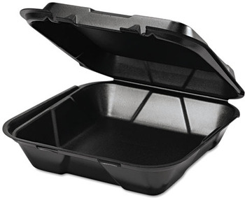 Genpak® Snap It™ Large Single Compartment Hinged-Lid Foam Food Containers. 9 1/4 X 9 1/4 X 3 in. Black. 100/bag, 2 bags/case.