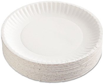 Paper Plate. White. 9" Diameter. Uncoated. Fluted rim. 12 packs of 100, 1200/cs.