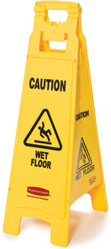 Rubbermaid Floor Sign with "Caution Wet Floor" Imprint, 4-Sided. 38" L x 12" W x 37" H. 16" Deep. Yellow. Foldable.